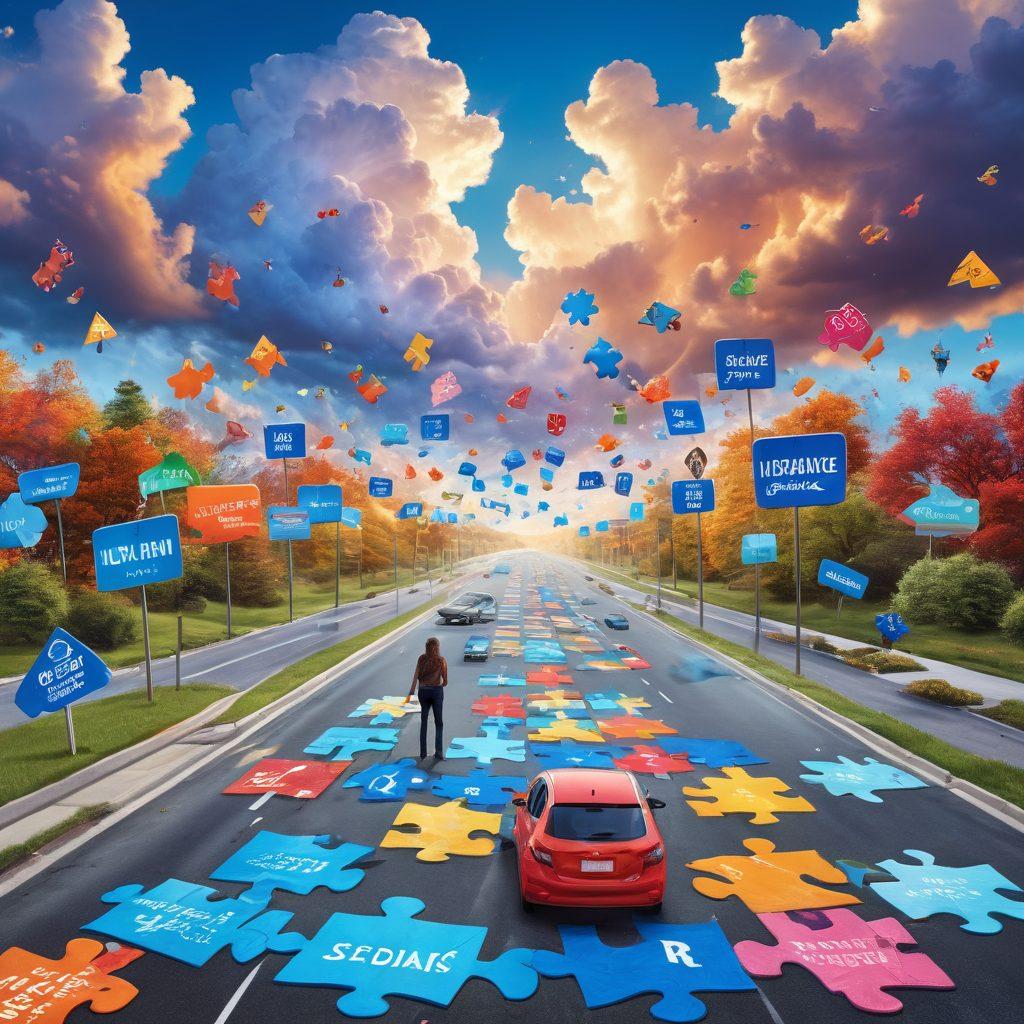 A person standing at a crossroads filled with giant puzzle pieces representing different auto insurance policies and quotes. Surrounding them are vibrant road signs giving directions towards savings, coverage options, and peace of mind, infused with a hint of confusion and intrigue. The sky is a bright blue with whimsical clouds to emphasize a sense of adventure and discovery. super-realistic. vibrant colors. 3D.